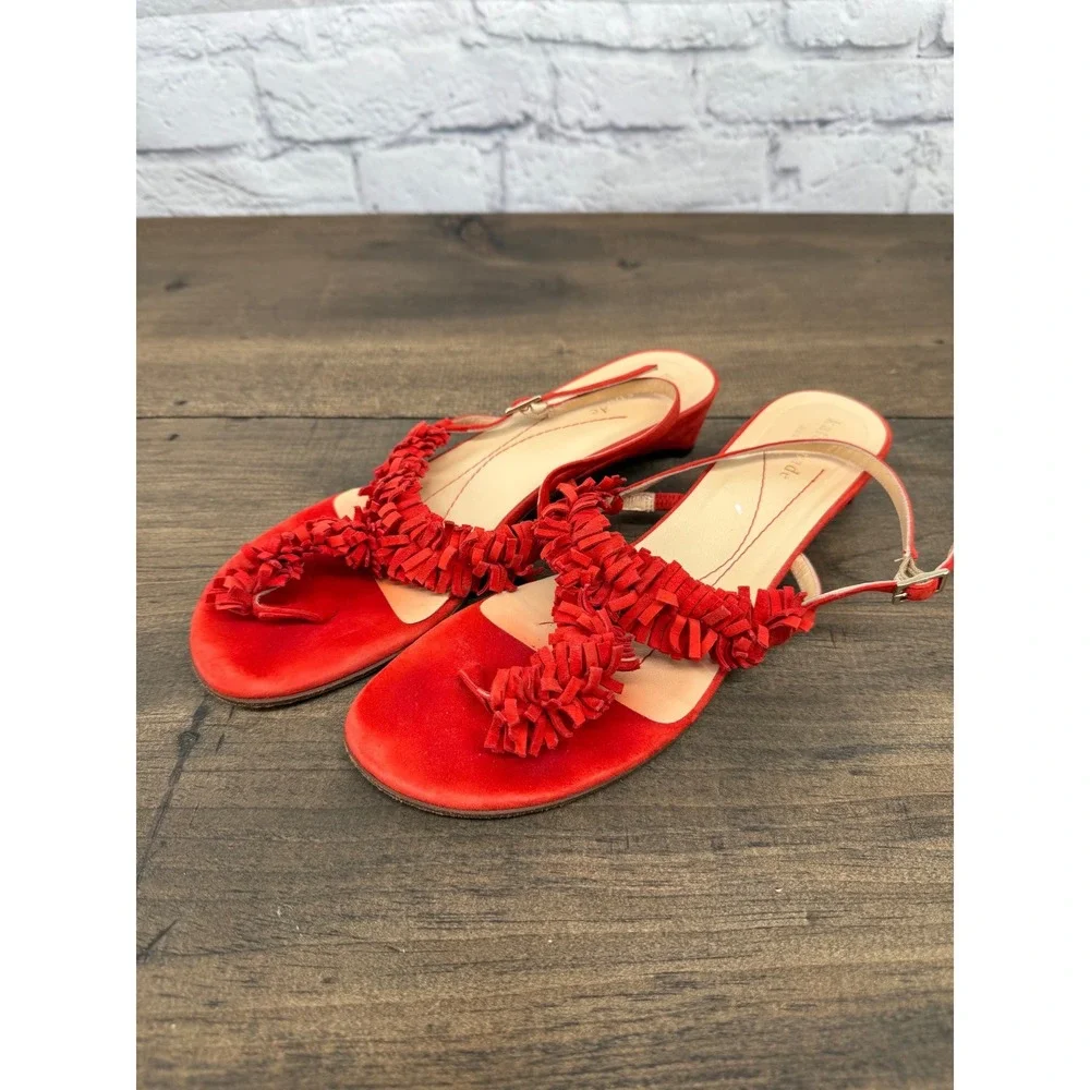 Kate Spade New York Coral Red Suede Fringe Kitten Heel‎ Sandals Women's Size 8B